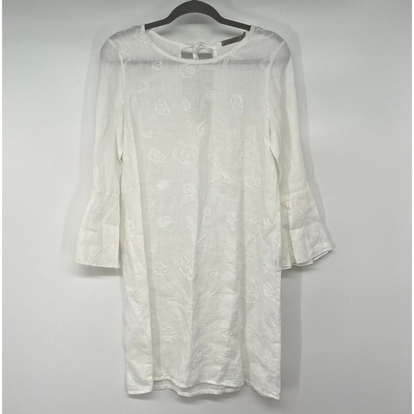 Luisa Perla Mini Dress Sz M White Embroidered Bell Sleeves Round Neck Keyhole - Picture 1 of 9